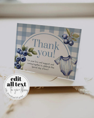 Berry Sweet Baby Shower Thank You Card Boy Blueberry Baby on the Way Gingham Clothes Line Printable Blue Berry Thank you Note Template #068 - TheLovebirdsDesign