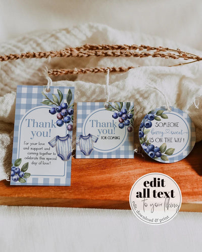 Berry Sweet Baby Shower Tag Label or Sticker for Boy Blueberry Baby Brunch Gingham Clothes Line Printable Blue Berry Favor Tag Template #068 - TheLovebirdsDesign