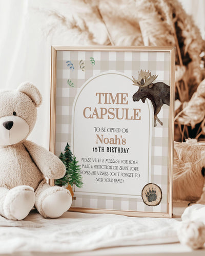 Beary First Birthday Time Capsule Game Woodland Elk and Bear Baby Shower Time Capsule One Happy Camper Lumberjack Teddy Bear Decor #068 - TheLovebirdsDesign