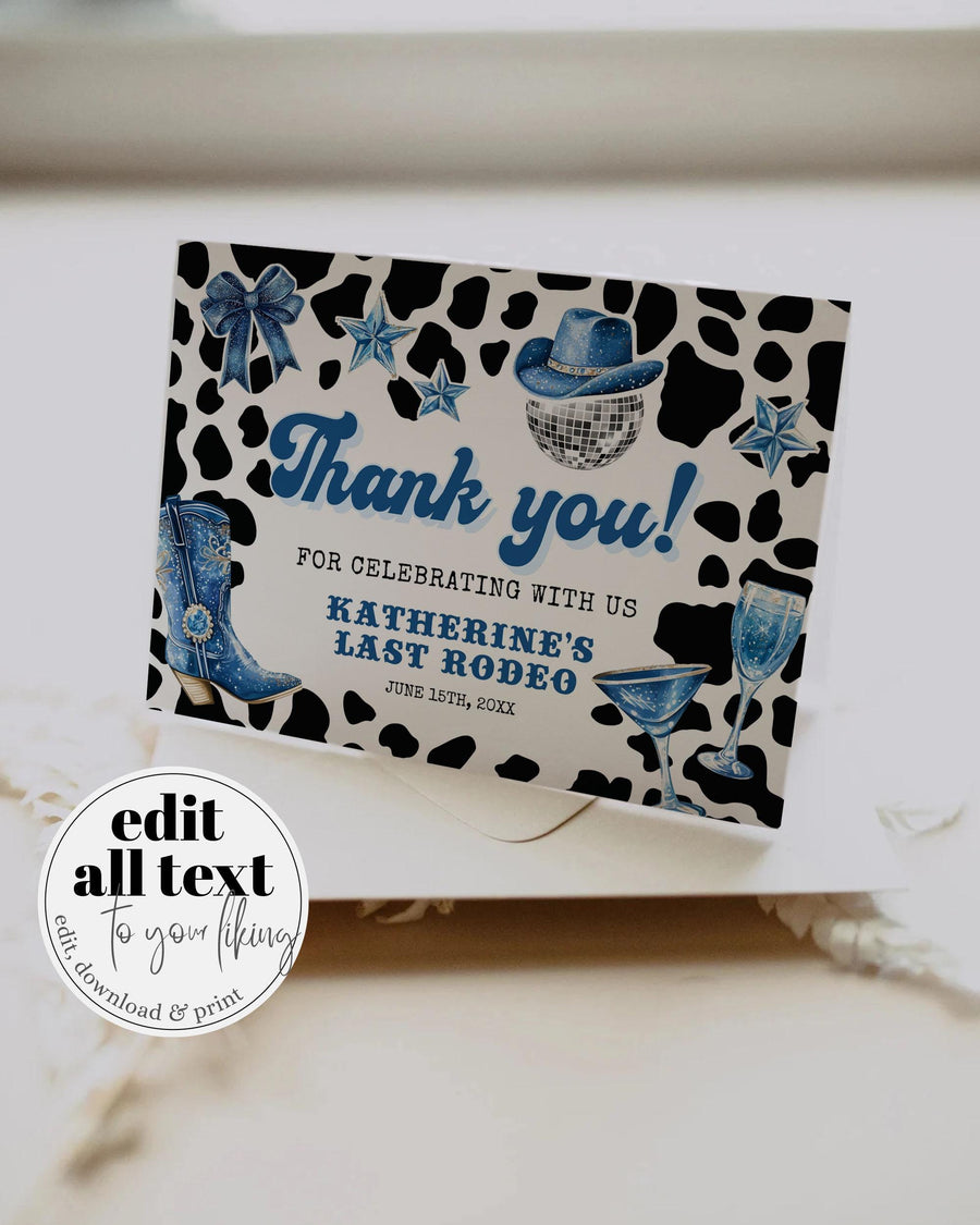 Denim and Diamonds Thank You Card, Blue Disco Cowgirl Birthday or Bachelorette Printable 022BLDC-THCA - marryful.org
