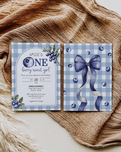 Blueberry Birthday Invitation Boy Berry First Birthday Invite Template with Blue Gingham and Bow Printable Blue Berry 1st Birthday #068 - TheLovebirdsDesign