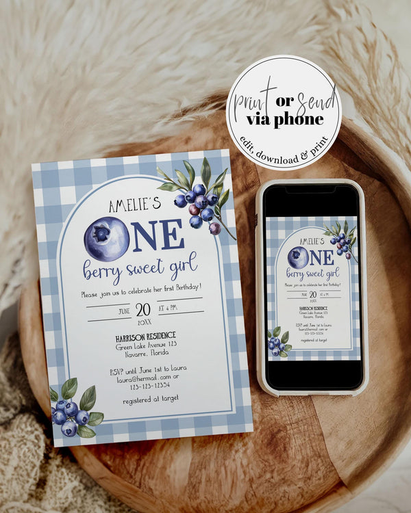 Blueberry Birthday Invitation Boy Berry First Birthday Invite Template with Blue Gingham and Bow Printable Blue Berry 1st Birthday #068 - TheLovebirdsDesign