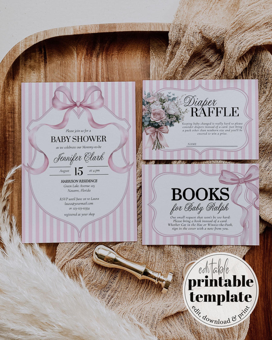 Pink Coquette Baby Shower Invitation Template, Bow Stripe Invite 069PI-BSINV - marryful.org