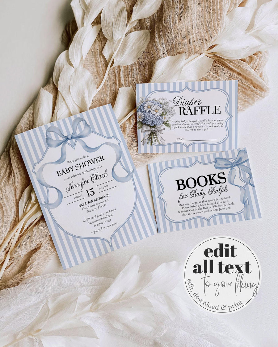 Blue Coquette Baby Shower Invitation Template, Bow Stripe Invite 069BL-BSINV - marryful.org