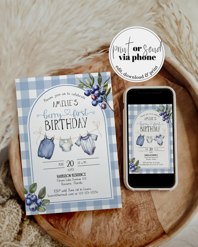 Berry First Birthday Invitation Boys Blue Berry Sweet Birthday Invite Template Gingham Clothes Line Printable Blueberry Themed Template #068 - TheLovebirdsDesign