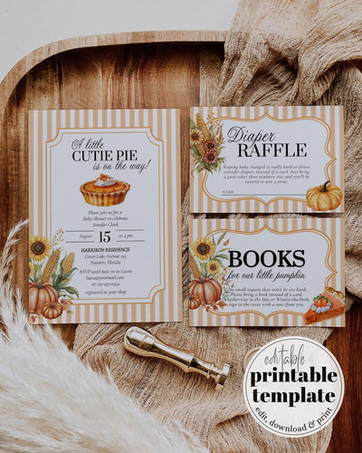Vintage Pumpkin Pie Baby Shower Invitation Girl Boy Fall Cutie Pie Thanksgiving Baby Shower Invite Template Autumn Themed Party Decor #072 - TheLovebirdsDesign