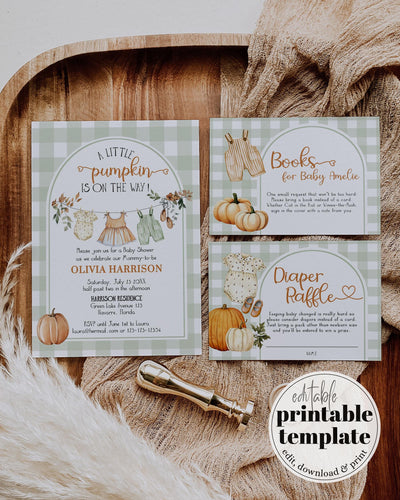 Sage Green Cutie Pie Baby Shower Invitation Template, Fall Little Pumpkin Clothesline Theme #068 - TheLovebirdsDesign
