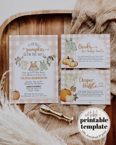 Orange Pumpkin Themed Baby Shower Invitation Suite Fall Cutie Pie Baby Shower Invite Template with Clothesline Autumn Party #068 - TheLovebirdsDesign