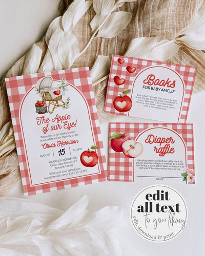 Apple of Our Eye Baby Shower Invitation Suite Template, Coquette Gingham Fall Theme #068 - TheLovebirdsDesign