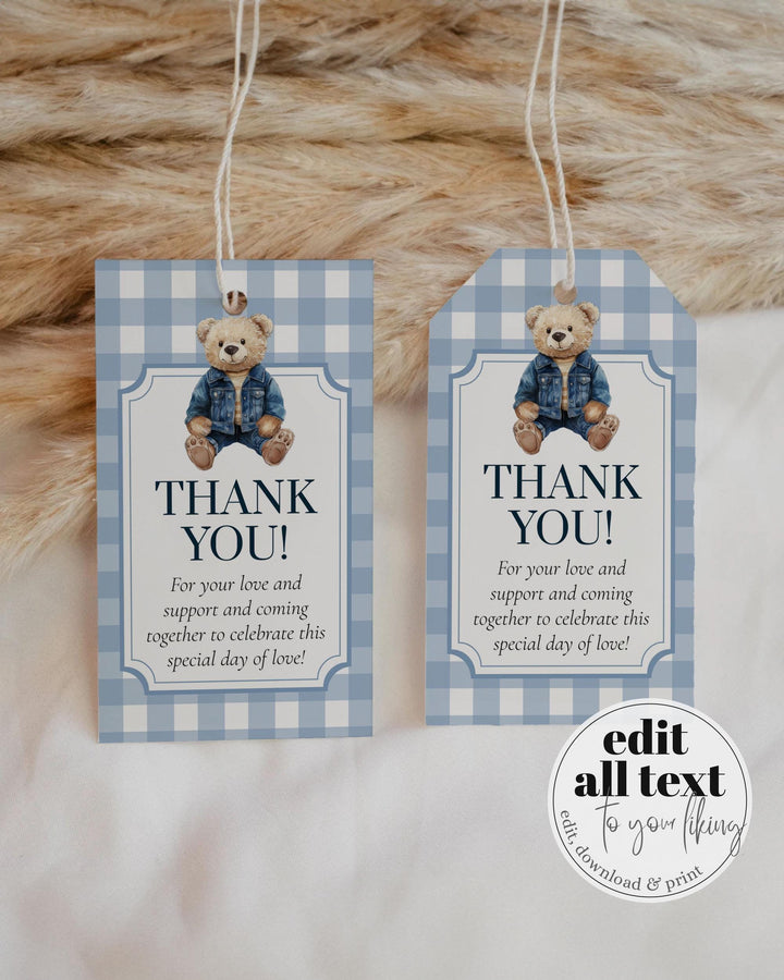 Blue Jeans Teddy Bear Baby Shower Guest Favor Tags Gift Label or Sticker Printable Vintage Classic Polo Teddy Bear Denim Decor Template #068 - TheLovebirdsDesign