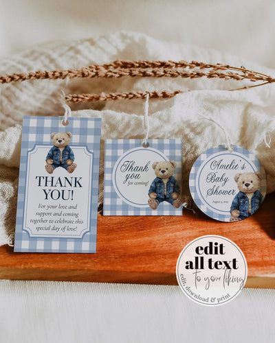 Blue Jeans Teddy Bear Baby Shower Guest Favor Tags Gift Label or Sticker Printable Vintage Classic Polo Teddy Bear Denim Decor Template #068 - TheLovebirdsDesign