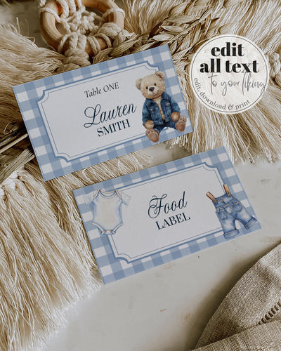Blue Jeans Teddy Bear Place Cards Boys Printable Vintage Classic Polo Teddy Bear Denim Baby Shower Decor Food Label Template #068 - TheLovebirdsDesign
