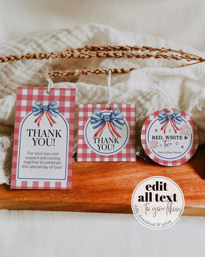 4th of July Guest Favor Tags Label Sticker BBQ Burger Birthday Gift Tags Red White and TWO Patriotic Independence Day Decor Template #068 - TheLovebirdsDesign