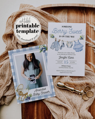 Blueberry Baby Shower Invitation Boy Berry Sweet Baby on the Way Gingham Clothes Line Printable Blue Berry Baby Shower Invite Template #072 - TheLovebirdsDesign