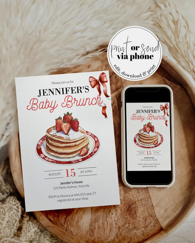 Strawberry Baby Brunch Invitation Strawberry Pancake Baby Shower Invite for a Berry Sweet Baby Girl Printable Template #072 - TheLovebirdsDesign