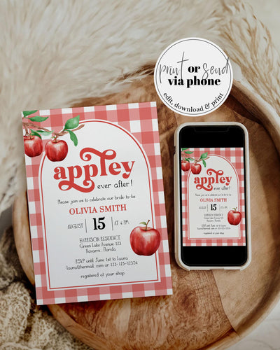 Apple of our Eye Bridal Shower Invitation Appley Ever After Bridal Shower Invite Gingham Apple Bridal Shower Printable Party Template #068 - TheLovebirdsDesign