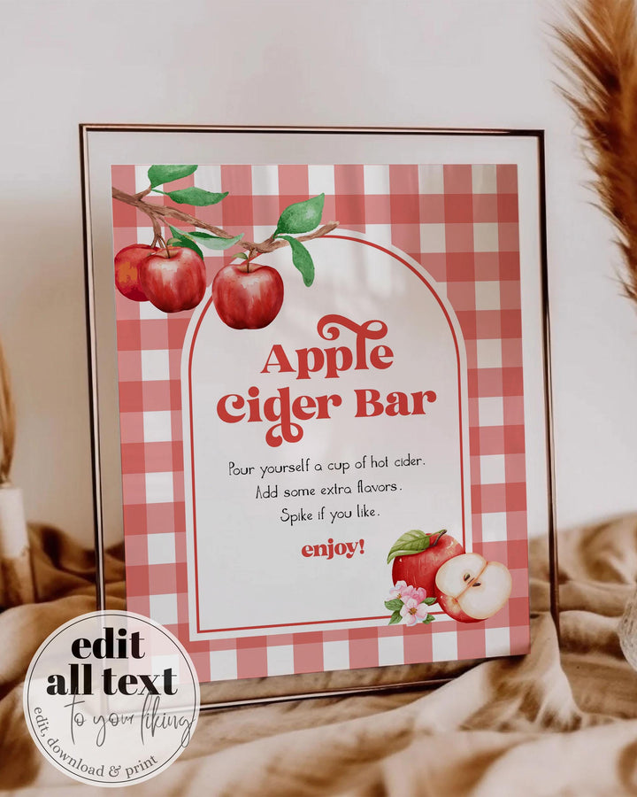 Apple Cider Bar Sign Printable Red Gingham Fall Decor Appley Ever After Bridal Party or Baby Shower Sign Apple Theme Decor Template #068 - TheLovebirdsDesign