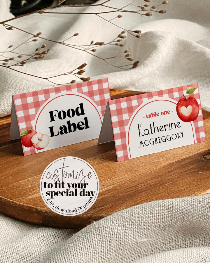Apple Themed Place Cards Printable Red Gingham Food Labels Appley Ever After Baby Shower Birthday Table Tent Cards Editable Template #068 - TheLovebirdsDesign