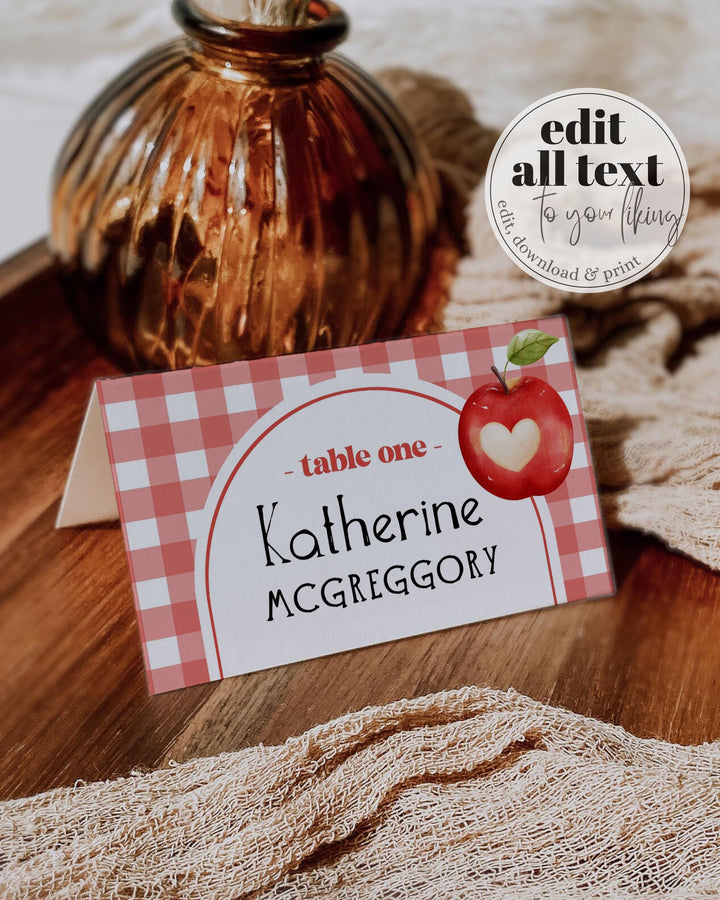 Apple Themed Place Cards Printable Red Gingham Food Labels Appley Ever After Baby Shower Birthday Table Tent Cards Editable Template #068 - TheLovebirdsDesign