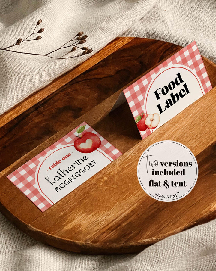 Apple Themed Place Cards Printable Red Gingham Food Labels Appley Ever After Baby Shower Birthday Table Tent Cards Editable Template #068 - TheLovebirdsDesign