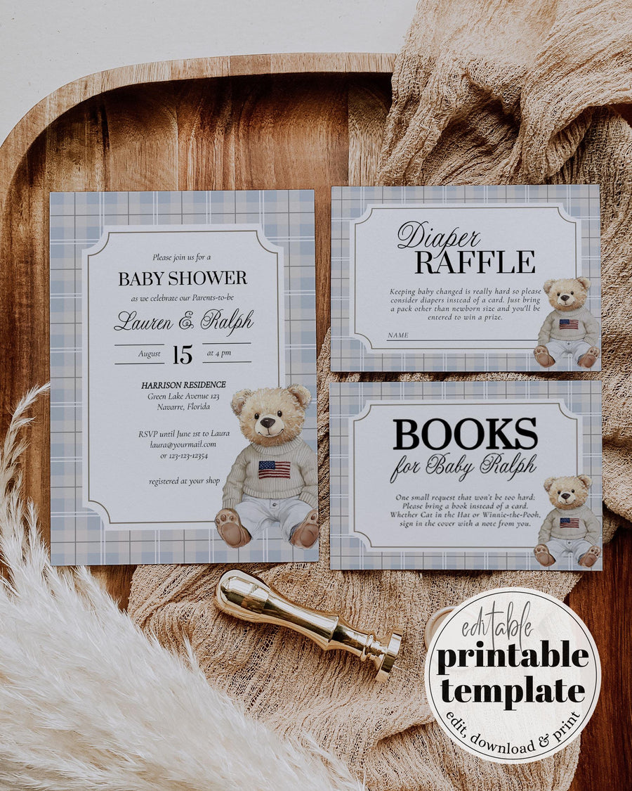 Baby Shower Invitation Template, Vintage Preppy Teddy Bear Invite for Boys, Digital Download 068BL-BSINV - marryful.org