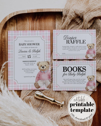 Pink Polo Teddy Bear Baby Shower Invitation for Girls Editable Vintage Classic Bear Baby Shower Invite Elegant Plaid Theme Template #068pi - TheLovebirdsDesign