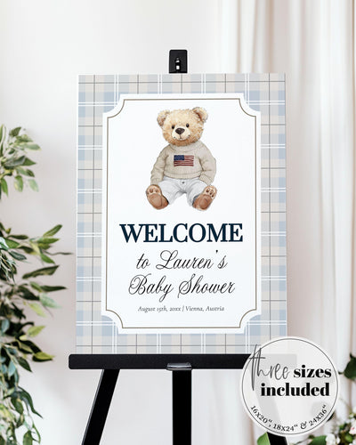 Polo Teddy Bear Baby Shower Welcome Sign Boys Classic Luxury Light Blue Bear Baby Shower Decoration Sign Vintage Plaid Template #068 - TheLovebirdsDesign