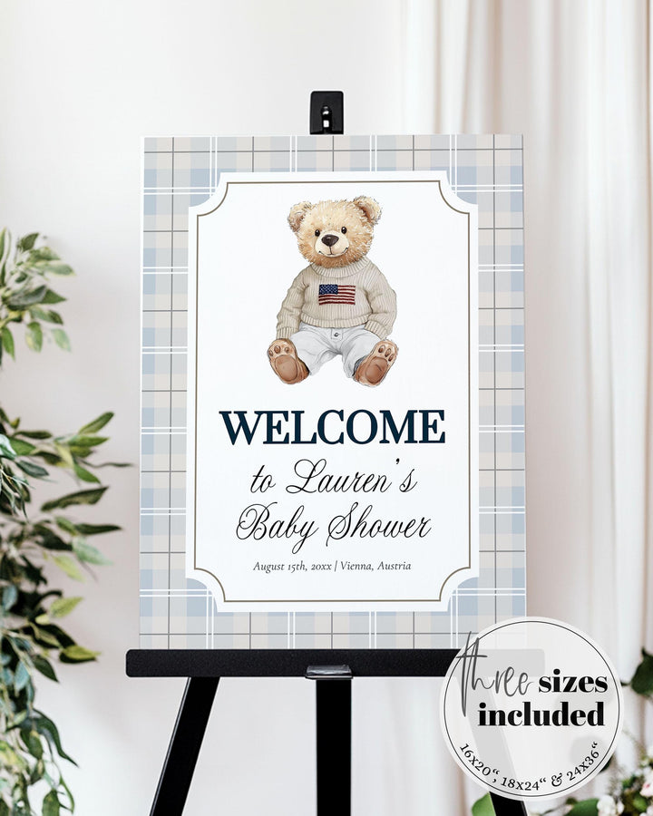 Polo Teddy Bear Baby Shower Welcome Sign Boys Classic Luxury Light Blue Bear Baby Shower Decoration Sign Vintage Plaid Template #068 - TheLovebirdsDesign