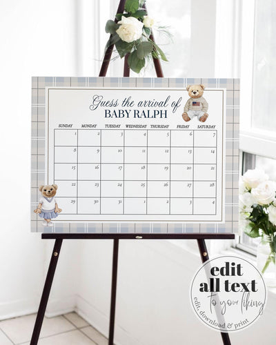 Polo Teddy Bear Baby Shower Guess Due Date Sign Vintage Classic Blue Bear Guess Baby Arrival Game Sign Plaid Decoration Template #068 - TheLovebirdsDesign