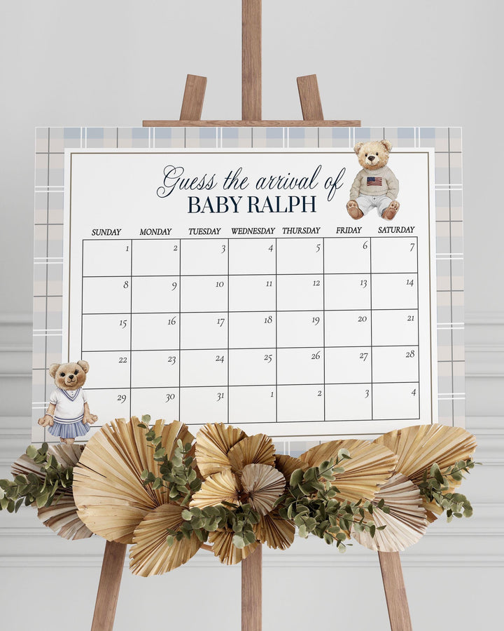 Polo Teddy Bear Baby Shower Guess Due Date Sign Vintage Classic Blue Bear Guess Baby Arrival Game Sign Plaid Decoration Template #068 - TheLovebirdsDesign