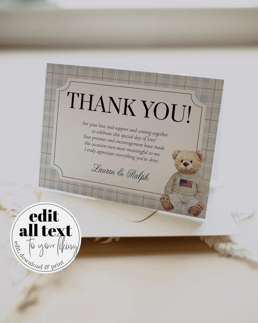 Preppy Teddy Bear Baby Shower Thank You Card, Light Blue Plaid, Editable Template 068BL-THCA - marryful.org
