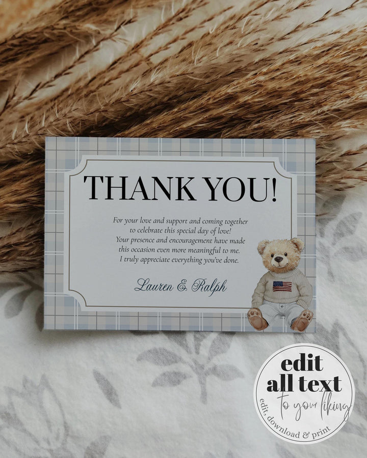 Polo Teddy Bear Baby Shower Thank you Card Boys Classic Vintage Light Blue Bear Baby Shower Guest Thank You Gift Note Template #068 - TheLovebirdsDesign