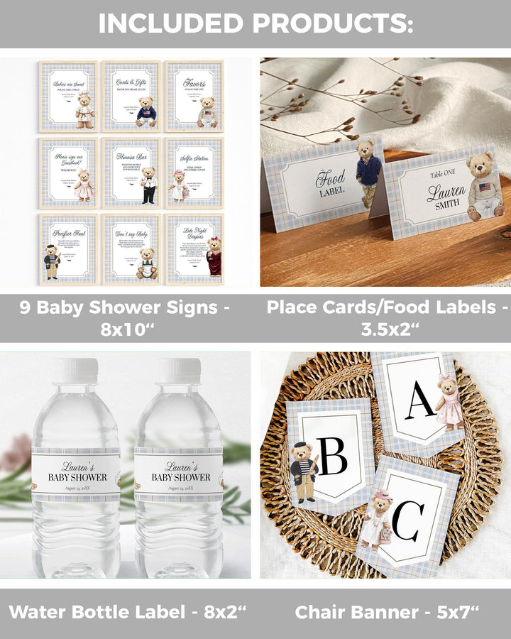 Polo Teddy Bear Baby Shower Bundle for Boys Classic Luxury Baby Blue Bear Baby Shower Invite and Decor Suite Printable Vintage Template #068 - TheLovebirdsDesign