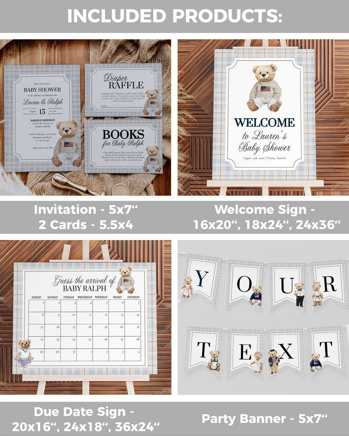 Polo Teddy Bear Baby Shower Bundle for Boys Classic Luxury Baby Blue Bear Baby Shower Invite and Decor Suite Printable Vintage Template #068 - TheLovebirdsDesign