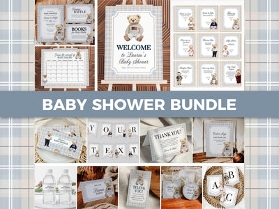 Blue Baby Shower Bundle, Preppy Teddy Bear Invite + Decor Template, Digital Download 068BL-BSBUNDLE - marryful.org