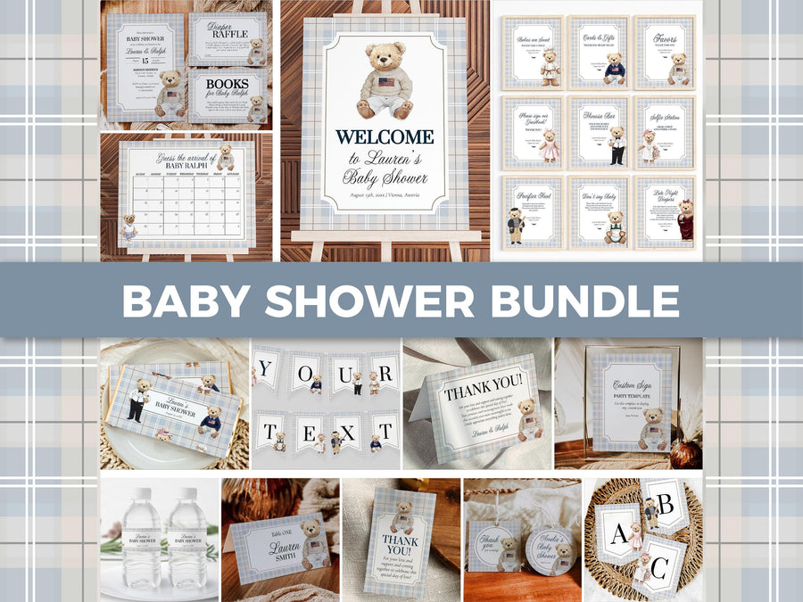 Blue Baby Shower Bundle, Preppy Teddy Bear Invite + Decor Template, Digital Download 068BL-BSBUNDLE - marryful.org