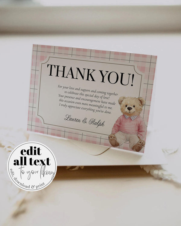 Pink Polo Teddy Bear Baby Shower Thank You Card for Girls Editable Vintage Classic Bear Baby Shower Guest Thank You Note Template #068 - TheLovebirdsDesign