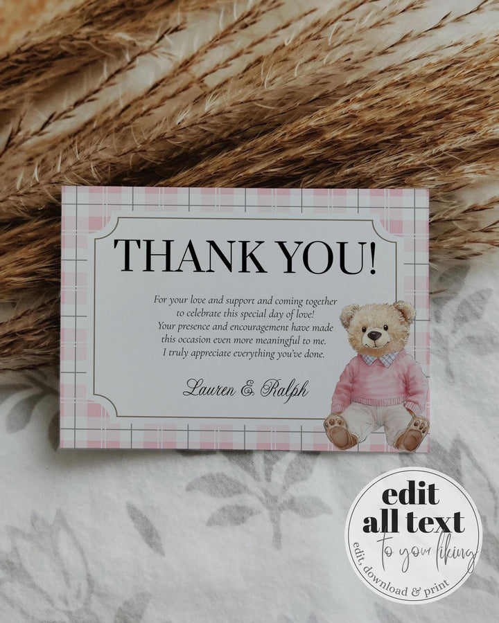 Pink Polo Teddy Bear Baby Shower Thank You Card for Girls Editable Vintage Classic Bear Baby Shower Guest Thank You Note Template #068 - TheLovebirdsDesign