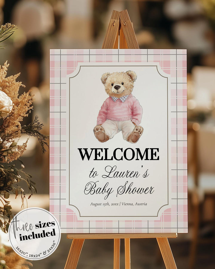Pink Polo Teddy Bear Baby Shower Welcome Sign for Girls Editable Vintage Classic Bear Baby Shower Decorations Sign Template #068 - TheLovebirdsDesign