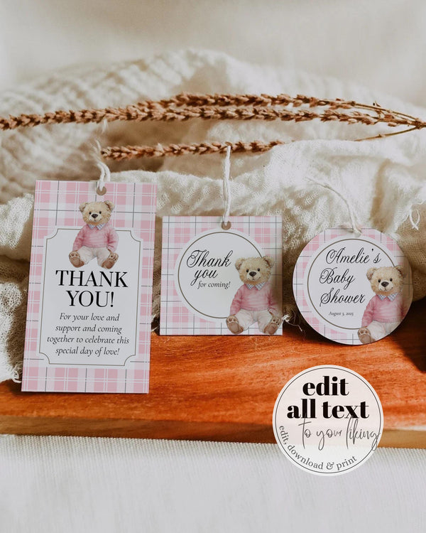 Pink Polo Teddy Bear Guest Favor Tags Label Sticker Girls Baby Shower Editable Vintage Classic Bear Baby Shower Thank you Tag Template #068 - TheLovebirdsDesign