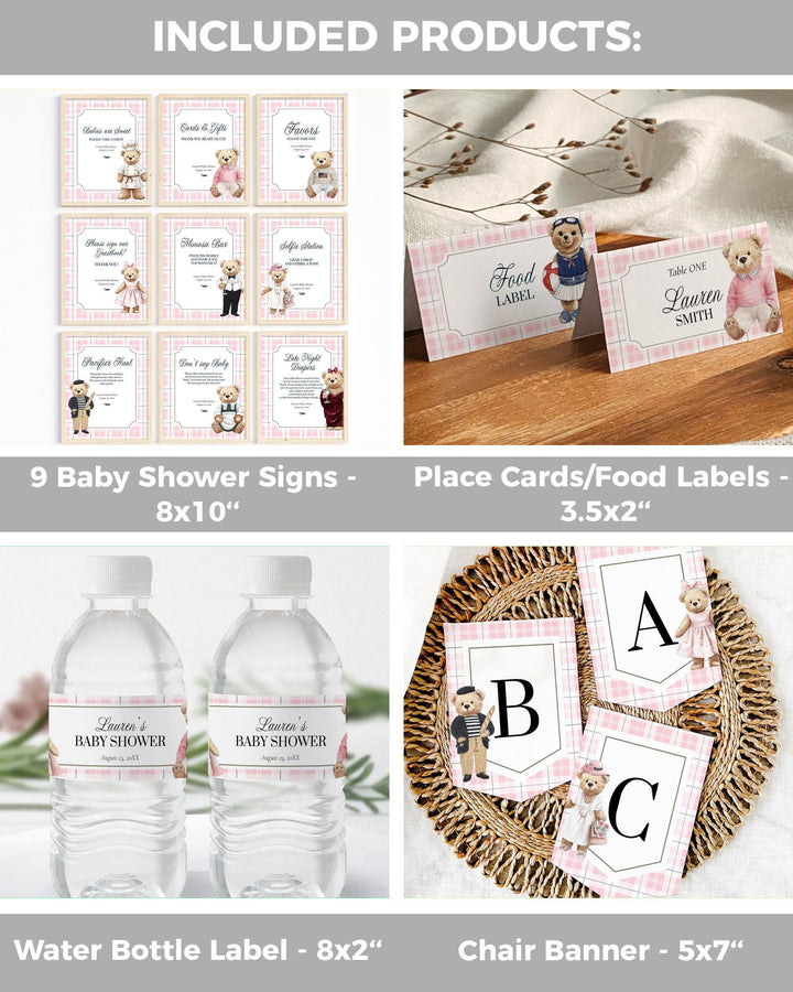 Pink Polo Teddy Bear Baby Shower Bundle for Girls Editable Vintage Classic Ralph Bear Baby Shower Invite and Decor Template Bundle #068 - TheLovebirdsDesign