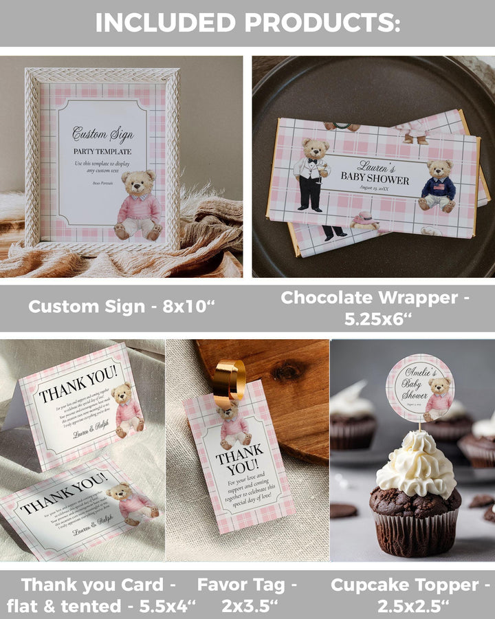 Pink Polo Teddy Bear Baby Shower Bundle for Girls Editable Vintage Classic Ralph Bear Baby Shower Invite and Decor Template Bundle #068 - TheLovebirdsDesign