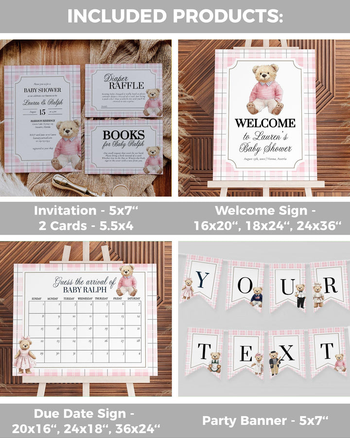 Pink Polo Teddy Bear Baby Shower Bundle for Girls Editable Vintage Classic Ralph Bear Baby Shower Invite and Decor Template Bundle #068 - TheLovebirdsDesign