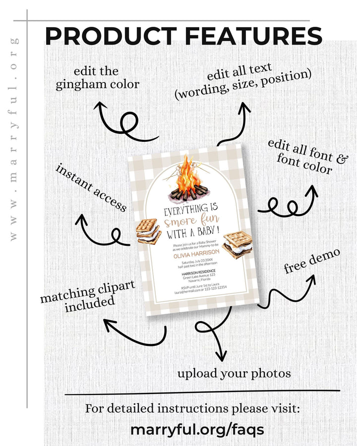 Smores Baby Shower Invitation Template Editable Beige Gingham Bonfire Marshmallow Design Printable Invite Cute Fall Gender Neutral Theme#068 - TheLovebirdsDesign