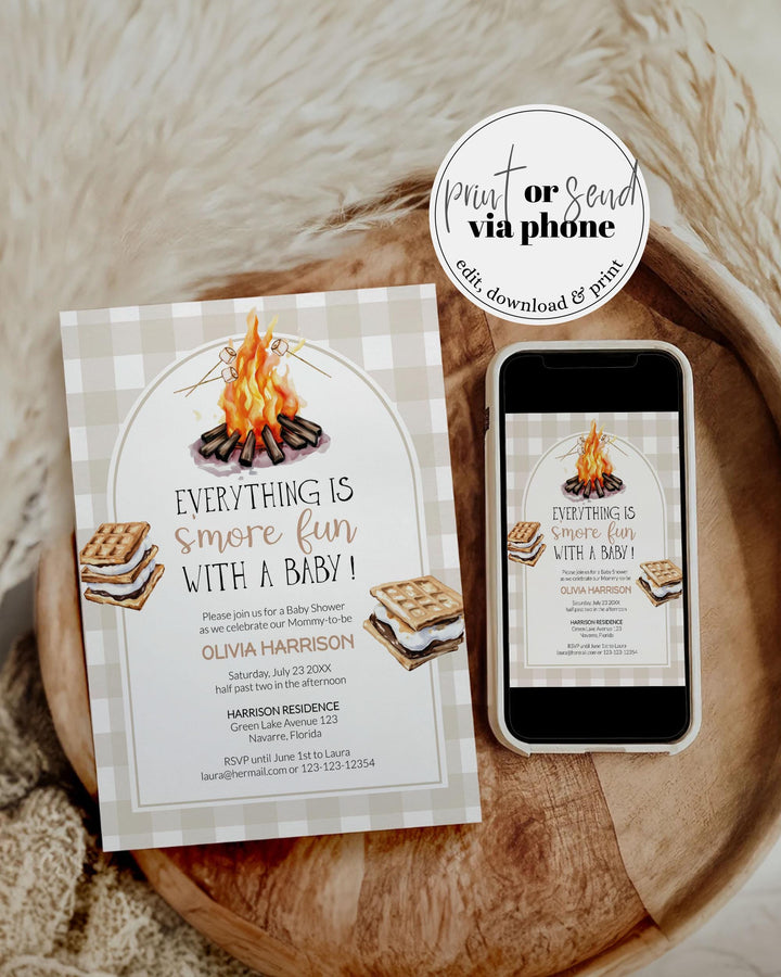 Smores Baby Shower Invitation Template Editable Beige Gingham Bonfire Marshmallow Design Printable Invite Cute Fall Gender Neutral Theme#068 - TheLovebirdsDesign