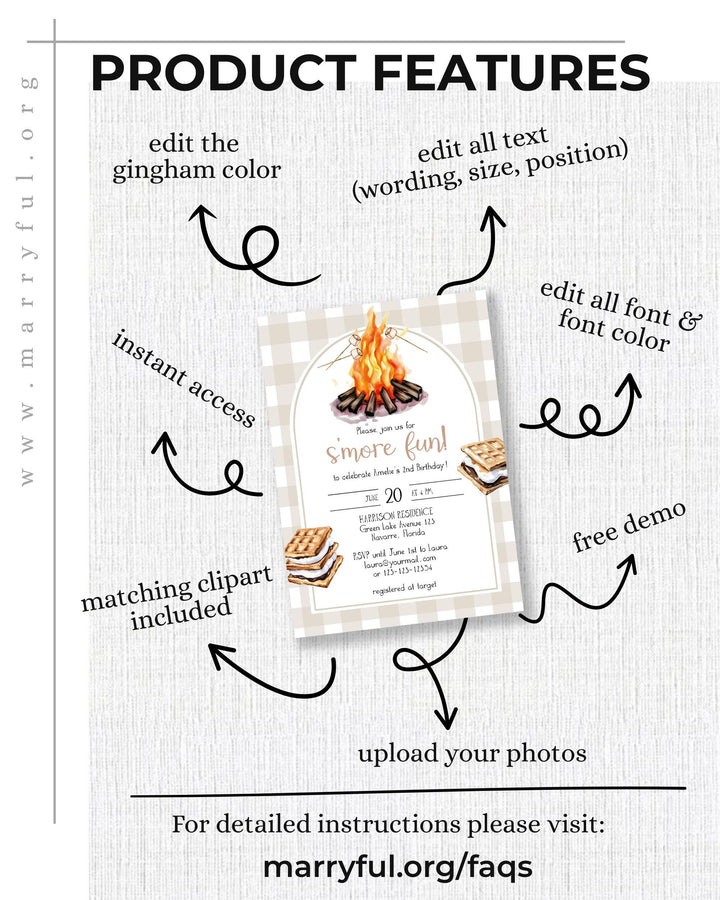 Smores Birthday Invitation Printable Firepit Marshmallow and Smores Party Invite Template for Outdoor Camping Sleepover Party #068 - TheLovebirdsDesign
