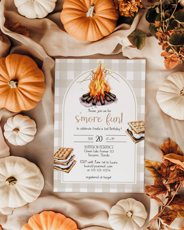 Smores Birthday Invitation Printable Firepit Marshmallow and Smores Party Invite Template for Outdoor Camping Sleepover Party #068 - TheLovebirdsDesign
