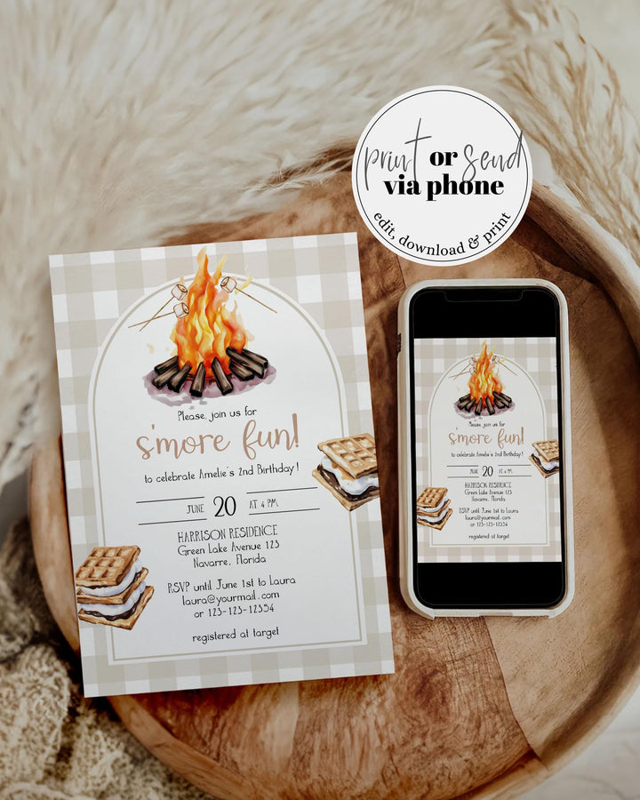 Smores Birthday Invitation Printable Firepit Marshmallow and Smores Party Invite Template for Outdoor Camping Sleepover Party #068 - TheLovebirdsDesign