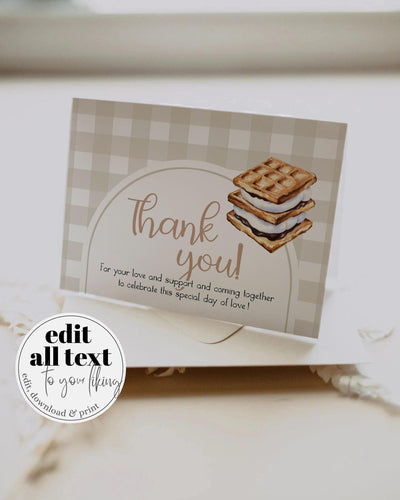 Smores Thank You Card Template Editable Gingham Marshmallow and Smores Note for Camping Birthday Smores Baby Shower or Fall Theme Party #068 - TheLovebirdsDesign