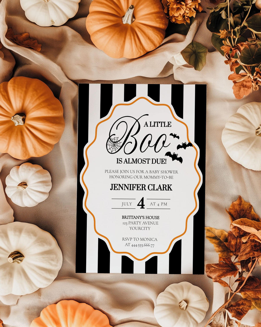 Little Boo Baby Shower Invitation, Halloween Bat Spiderweb Editable Template